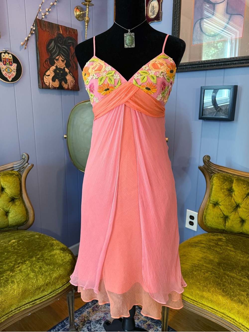 Vintage Y2K Laundry By Shelli Segal Floral 100% Silk Fairycore Dress Size 8 - Picture 8 of 8